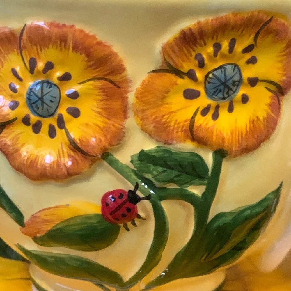 Blue Sky Clayworks Yellow Poppy Teacup, Saucer & Spoon Set Heather Goldminc - Picture 3 of 10